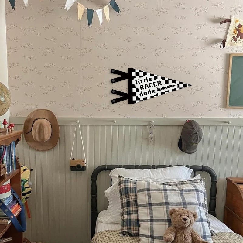 JXREQ Little Racer Dude Pennants Banners Flags for Kids Boys Room Decor, Retro Black and White Checkered Canvas Wall Art Decor for Toddler Room Nursery Playroom, 8x17 Inch - Image 5